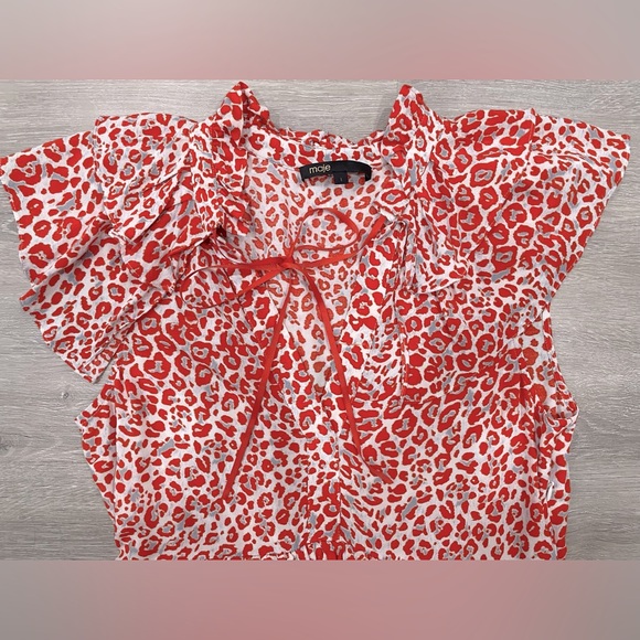 Maje White/Red Leopard Printed Ruffle Detailed Dress Size 1 (or Size Small) - Picture 3 of 8